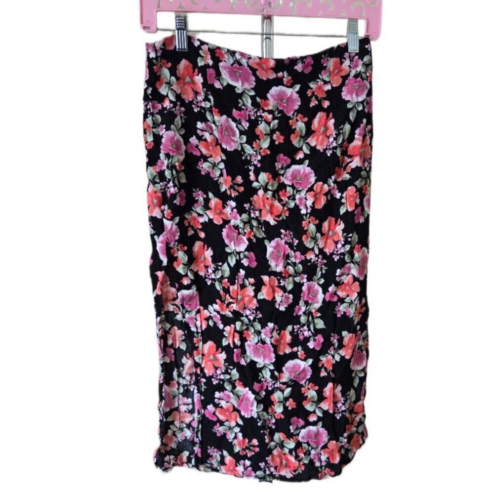 Forever 21 Black with Pink Floral, Side Slit Skirt